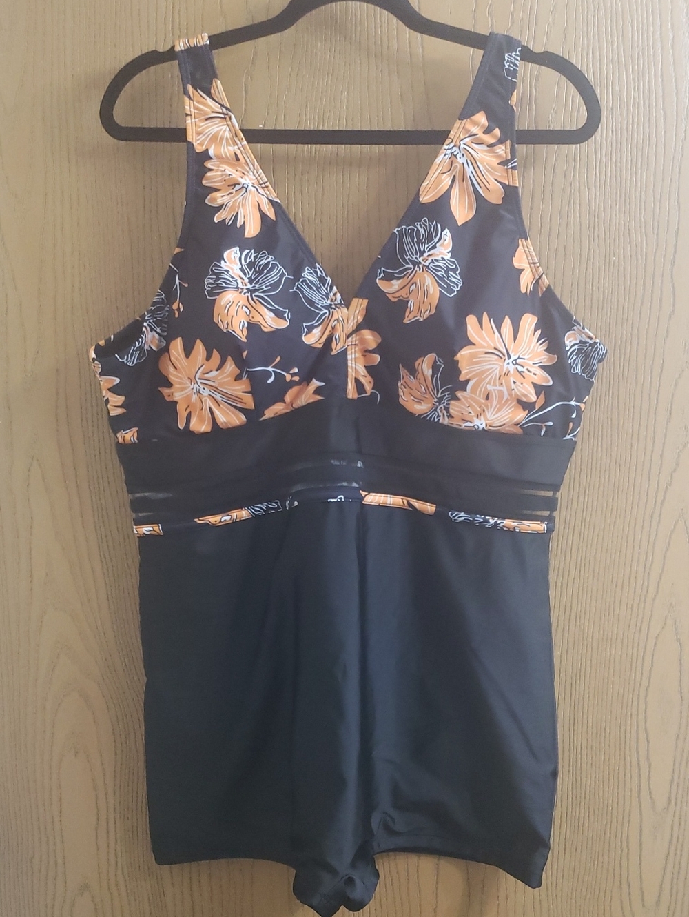 Black Floral One-Piece Swimsuit with Orange Flowers